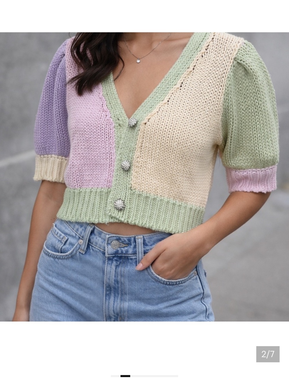 Blue blush Pastel Colorblock Knit Crop Cardigan - Green, Pink, butter, Lavender